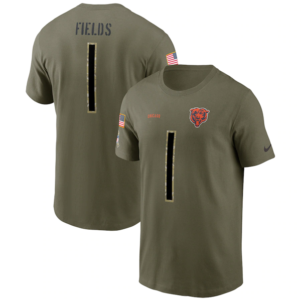Men's Chicago Bears #1 Justin Fields 2022 Olive Salute To Service T-Shirt